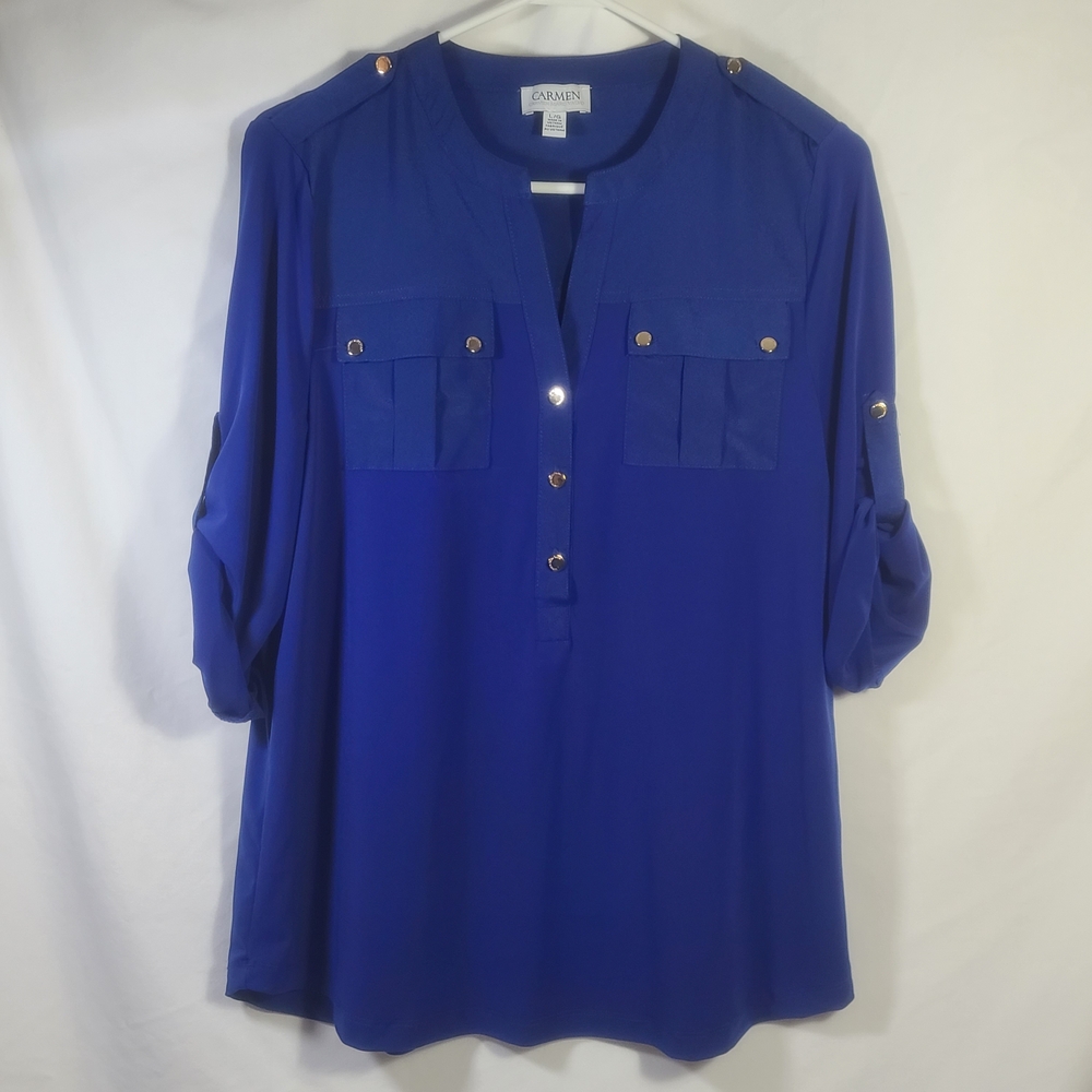Carmen Marc Valvo Women's Royal Blue Roll Tab Sleeve Dress Top Blouse Size Large